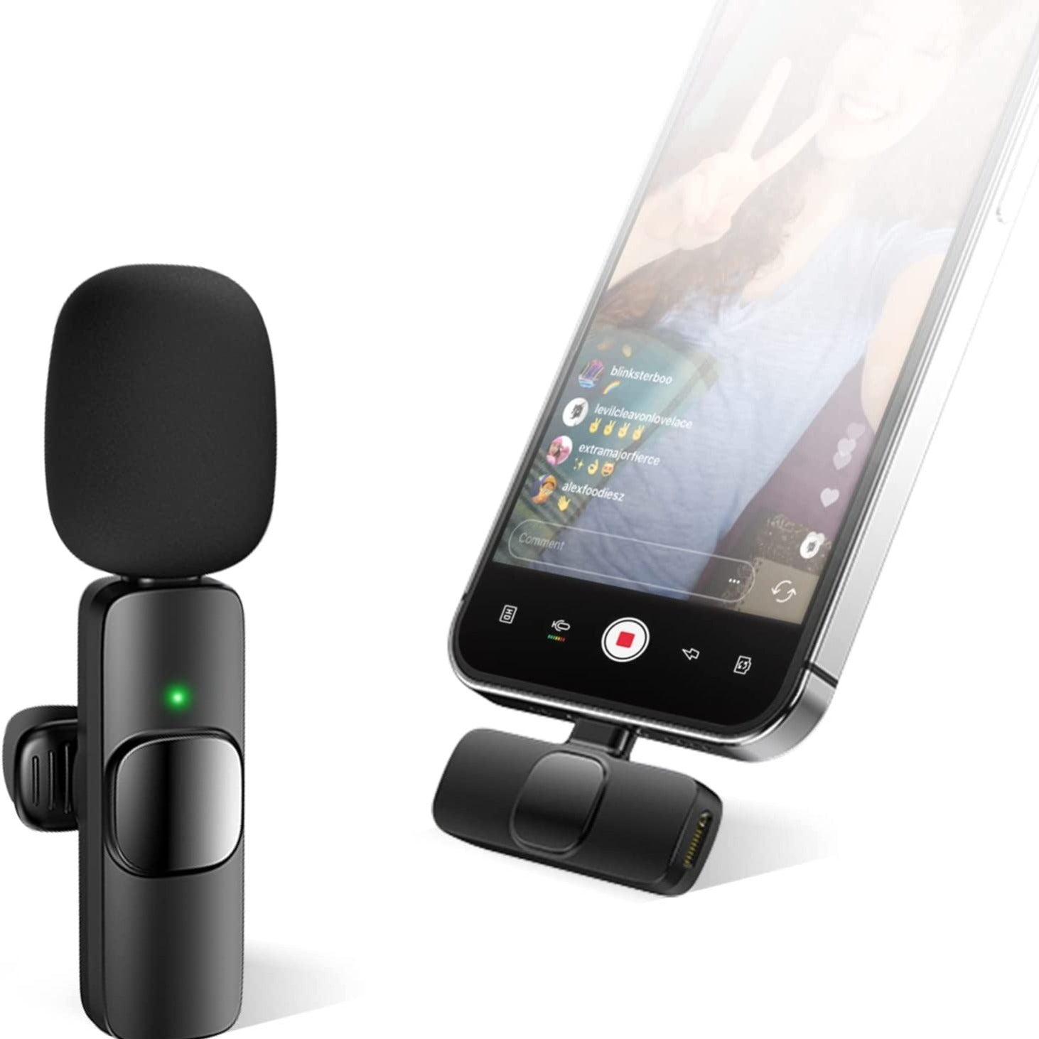Black microphone and smartphone with recording app on a white background