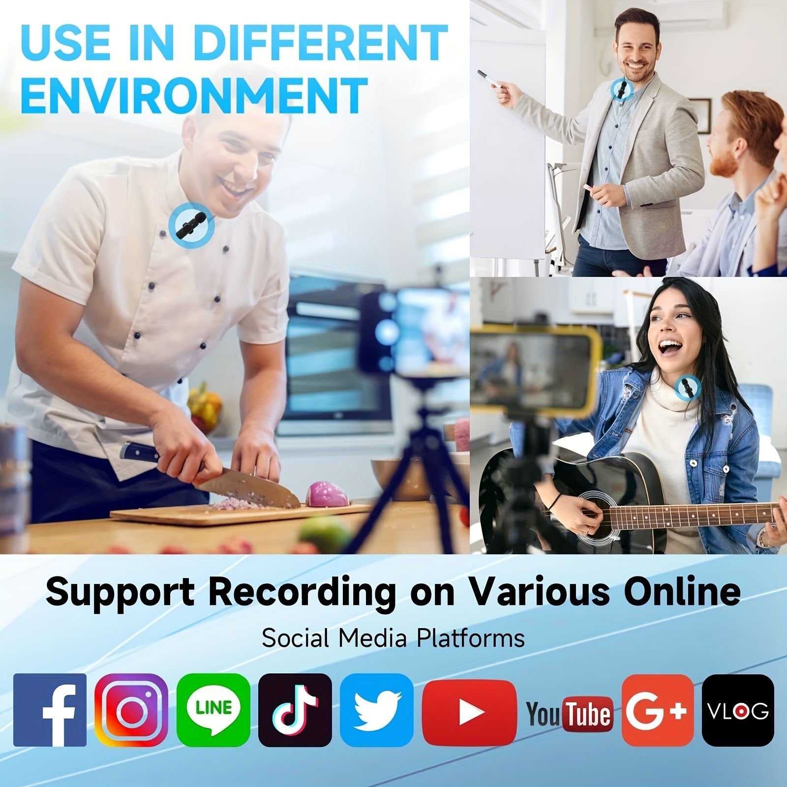 Collage of people using recording equipment in various settings with social media platform icons at the bottom.