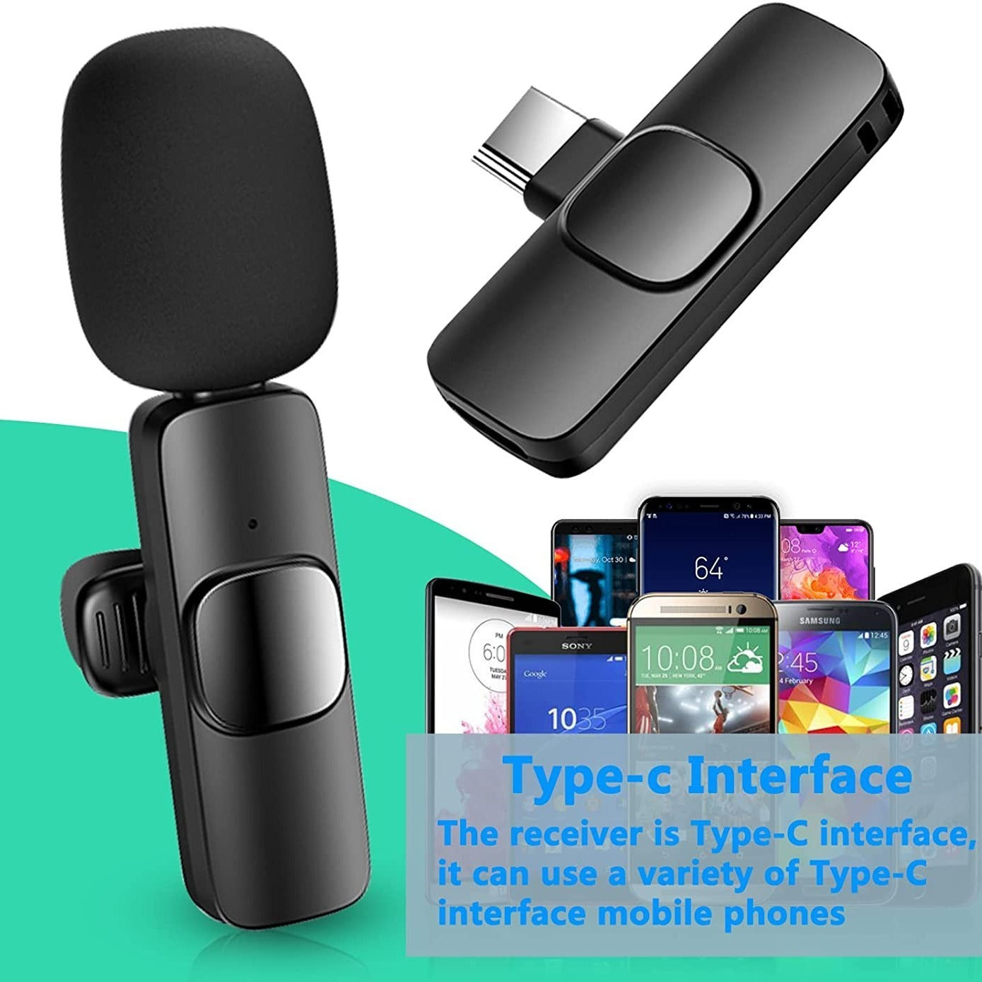 Wireless Lavalier Microphone Type-C Receiver connected to smartphone – black color on green and white background