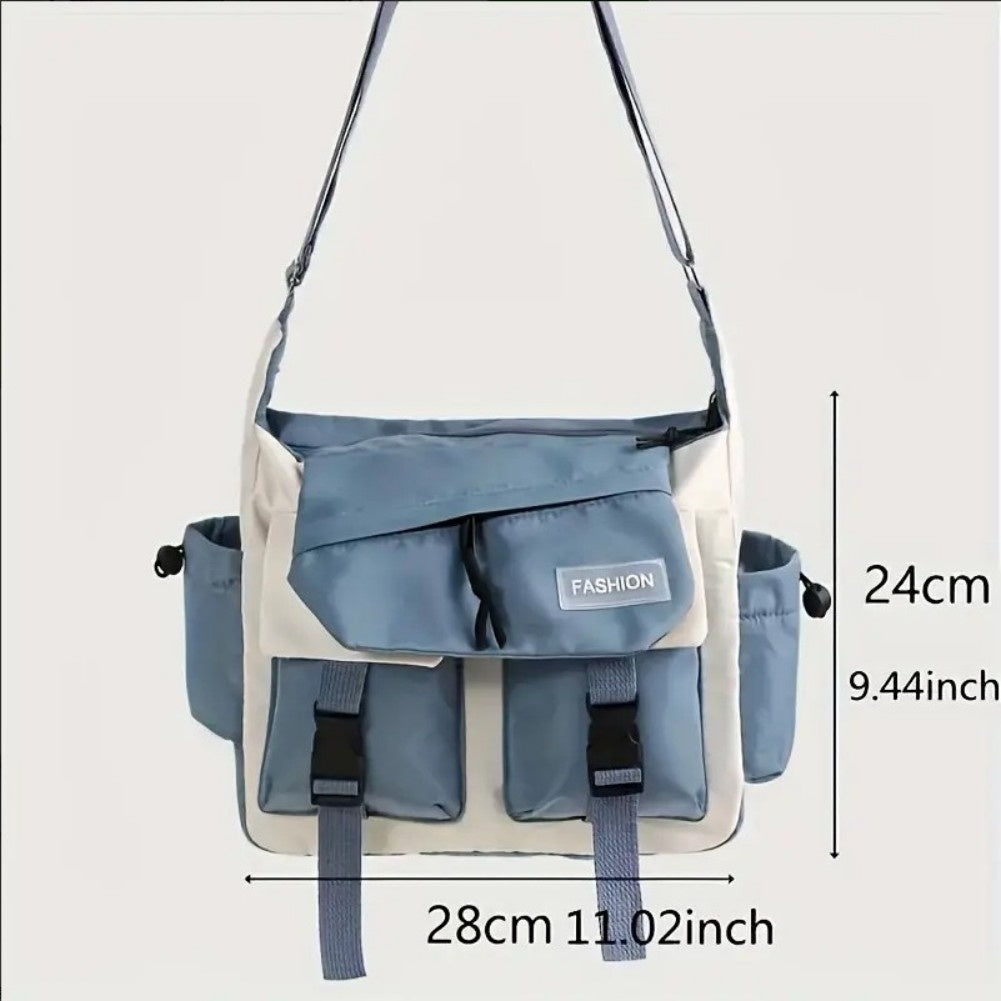 Blue and beige crossbody bag with measurements on a light gray background