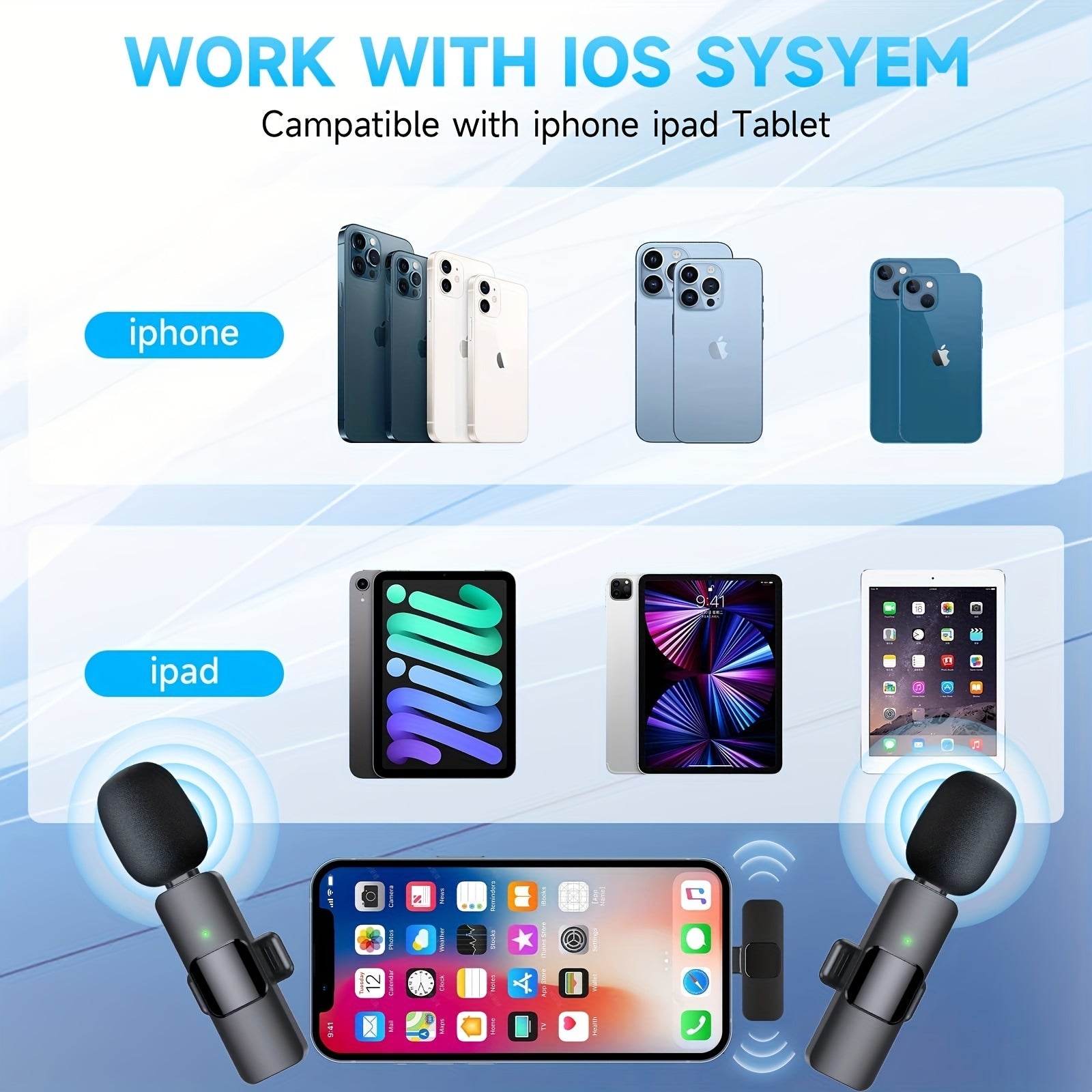 Wireless Lavalier Microphone Type-C Receiver connected to smartphone – black color on green and white background
