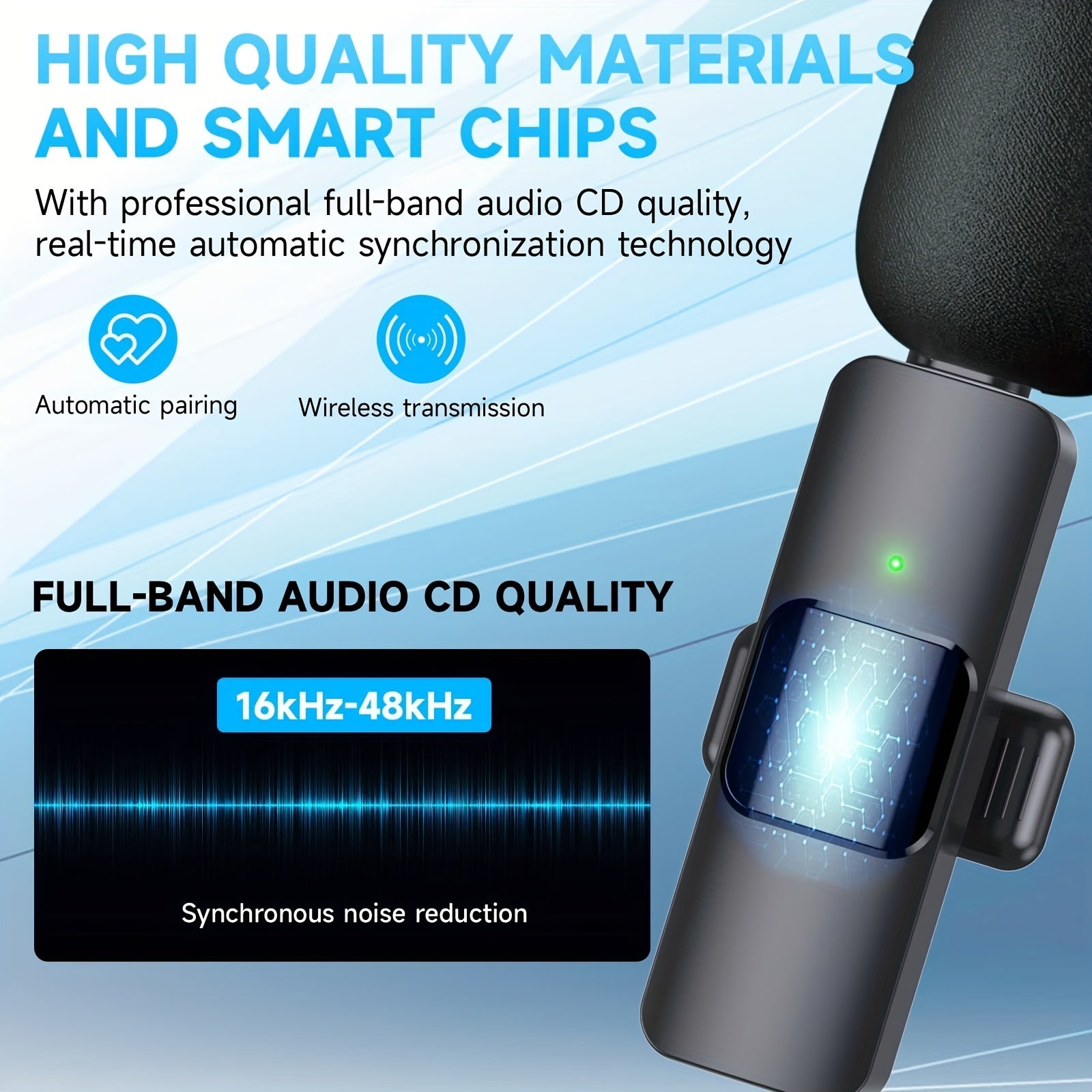 Car audio device with text about high-quality materials, smart chips, and audio quality on a blue background.